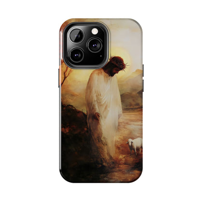 Christian phone case with Jesus in white robe and crown of thorns standing beside a lamb