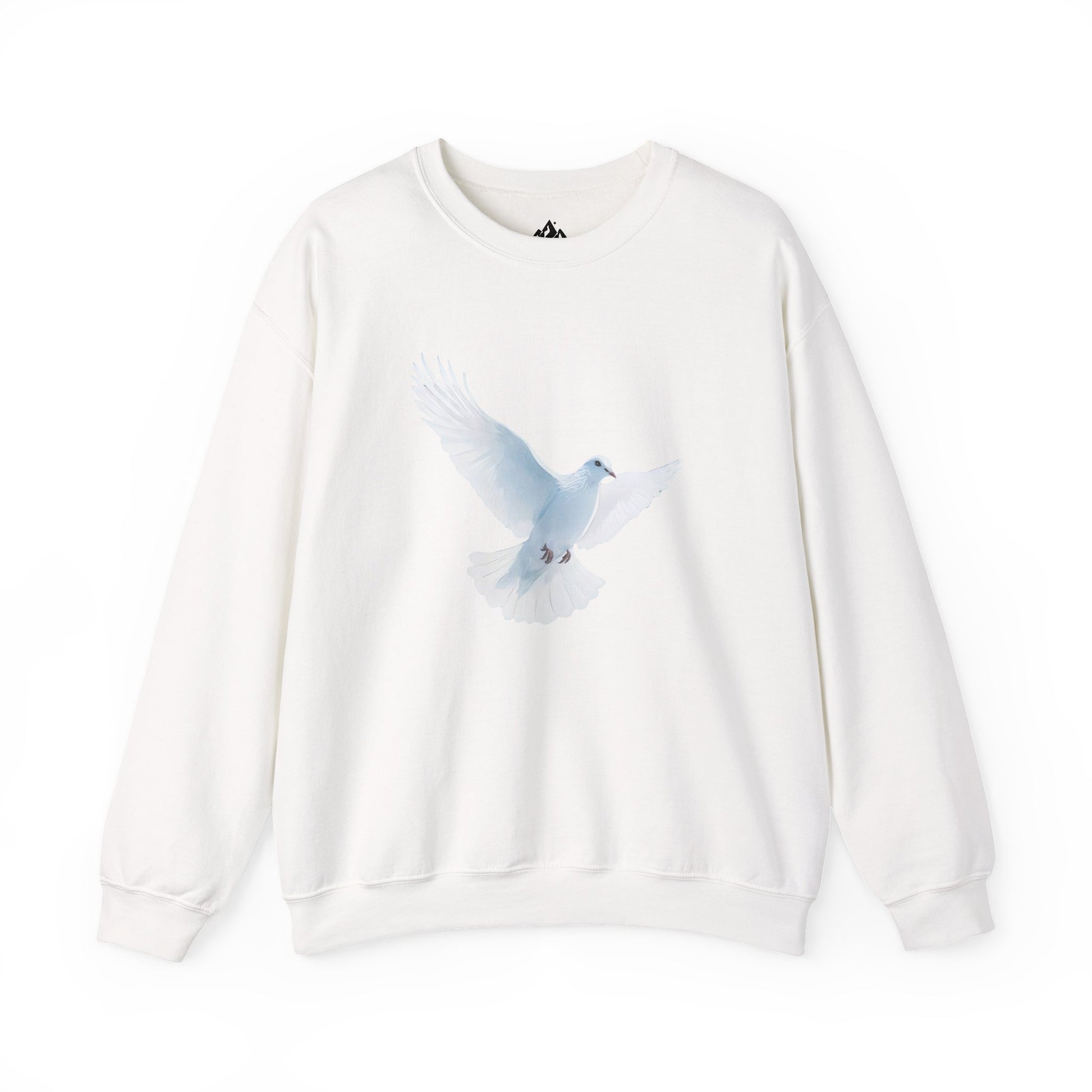 White crewneck sweatshirt with serene dove graphic, Christian faith-inspired apparel