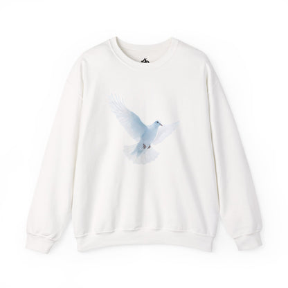 White crewneck sweatshirt with serene dove graphic, Christian faith-inspired apparel