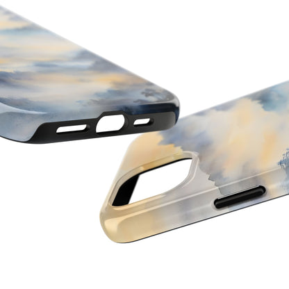 Close-up of phone cases with abstract blue and yellow watercolor design, precise cutouts visible.