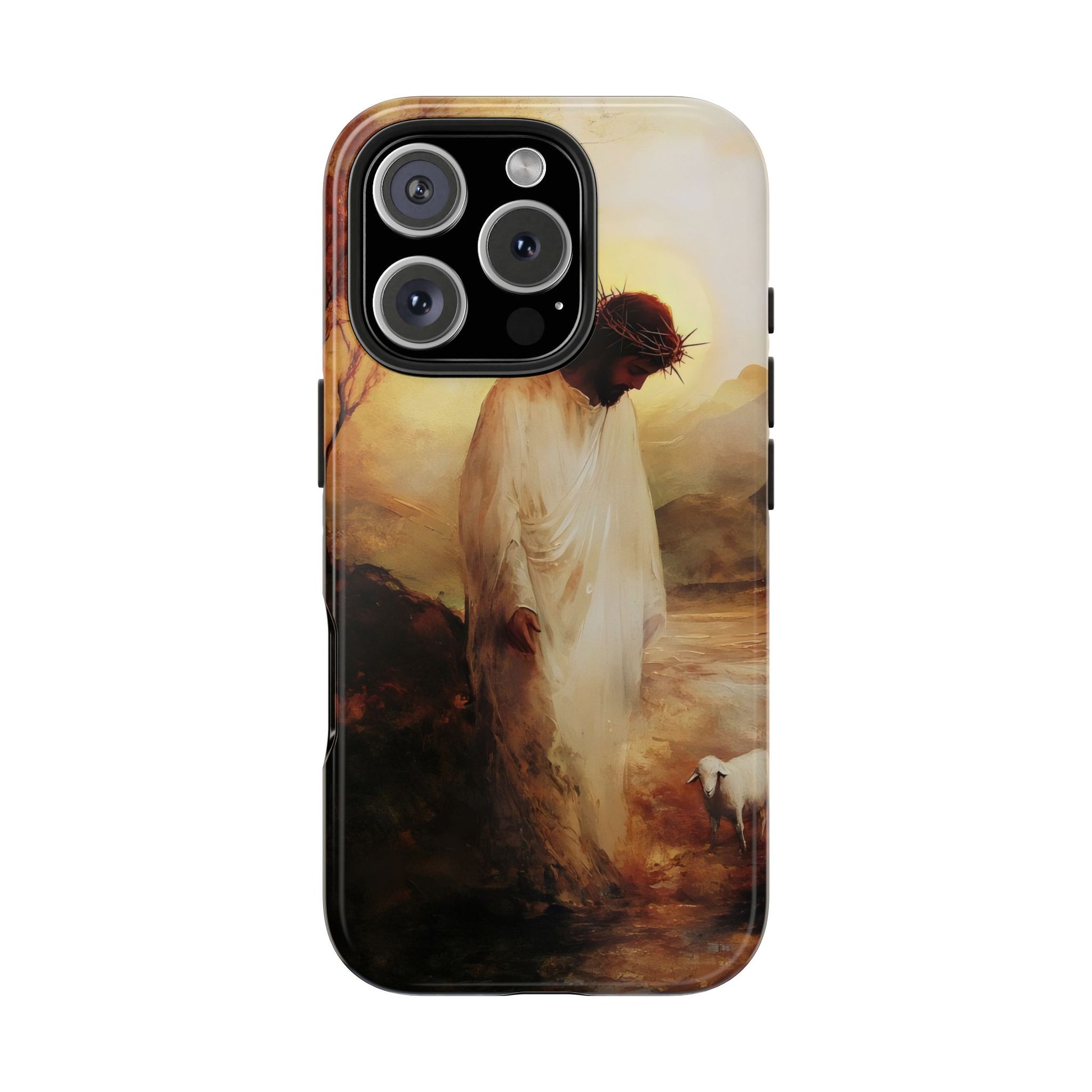 Christian phone case with Jesus in white robe and crown of thorns, guiding a lamb