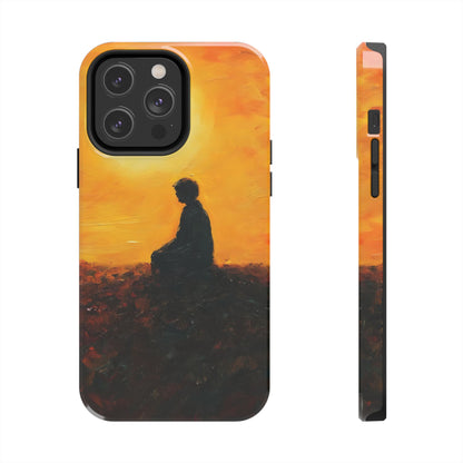 Phone case featuring silhouette of person meditating at sunset, spiritual art design