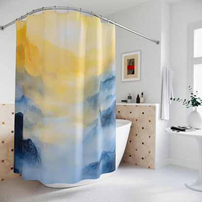 Yellow and blue abstract landscape shower curtain in a modern bright bathroom