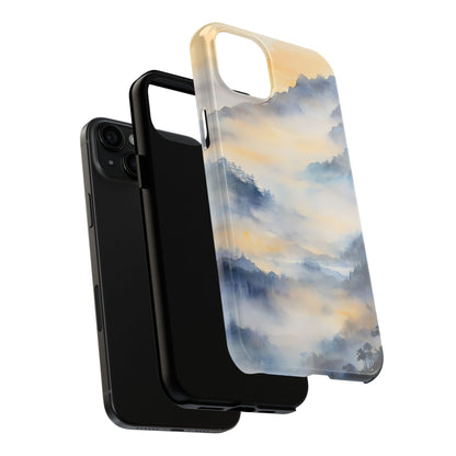 Phone case with misty mountain landscape watercolor design in blue and gold tones