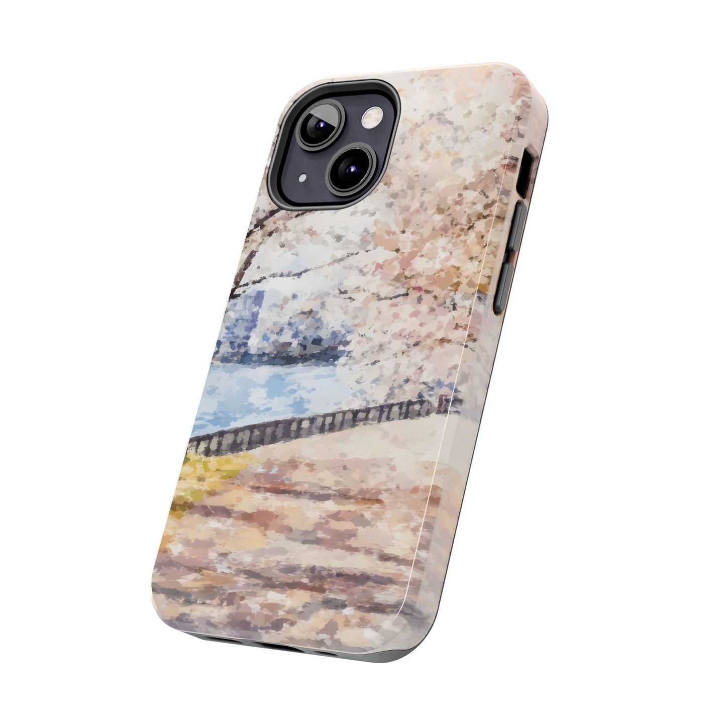 Phone case with watercolor-style cherry blossom tree and tranquil riverside pathway design