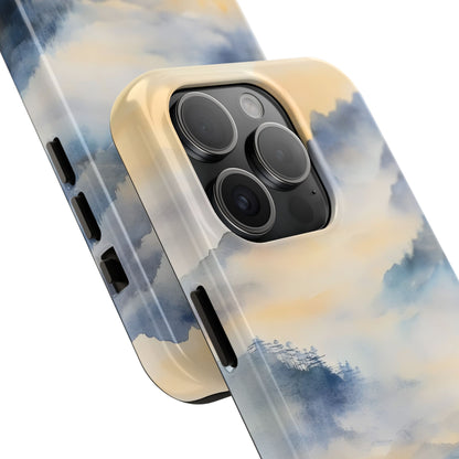 Phone case with blue and beige watercolor mountain design and soft matte finish