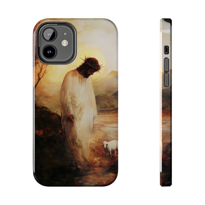 Christian phone case depicting Jesus with a crown of thorns and a lamb in a serene landscape