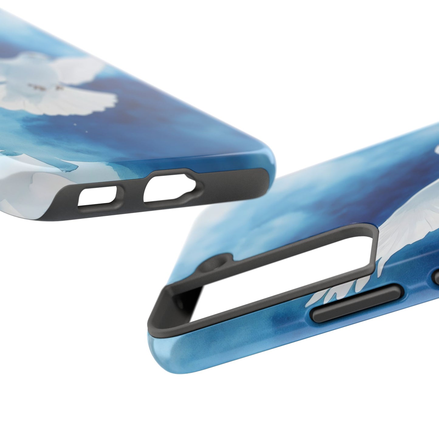 Blue Christian phone case featuring white dove artwork, faith-inspired spiritual design