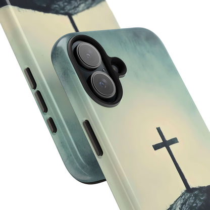 Christian phone case with cross design on hill, spiritual faith-inspired mobile accessory