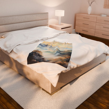 Cozy bedroom with cream bedding featuring abstract landscape art print, faith-inspired decor
