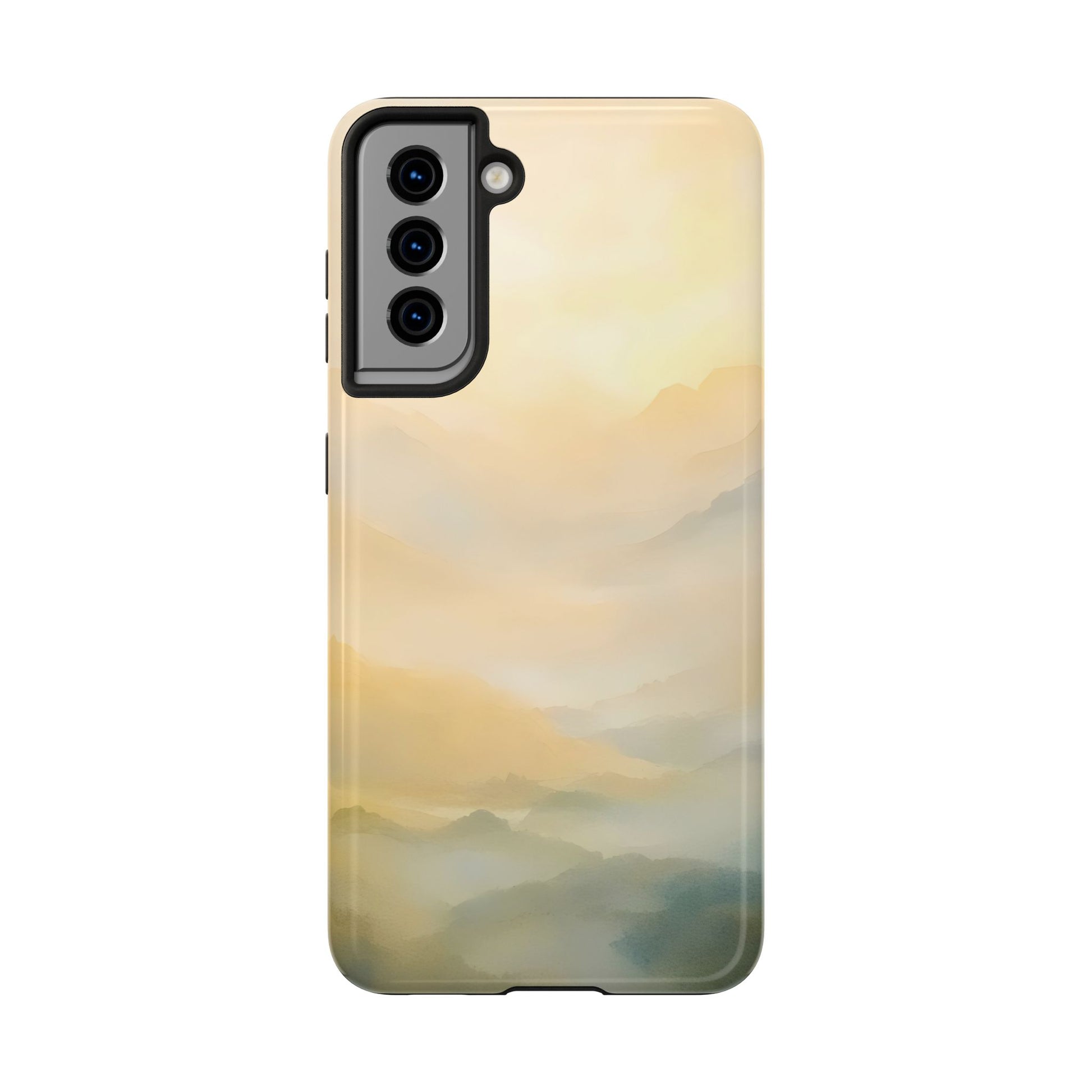 Minimalist phone case with soft pastel mountain landscape and serene misty sunrise design