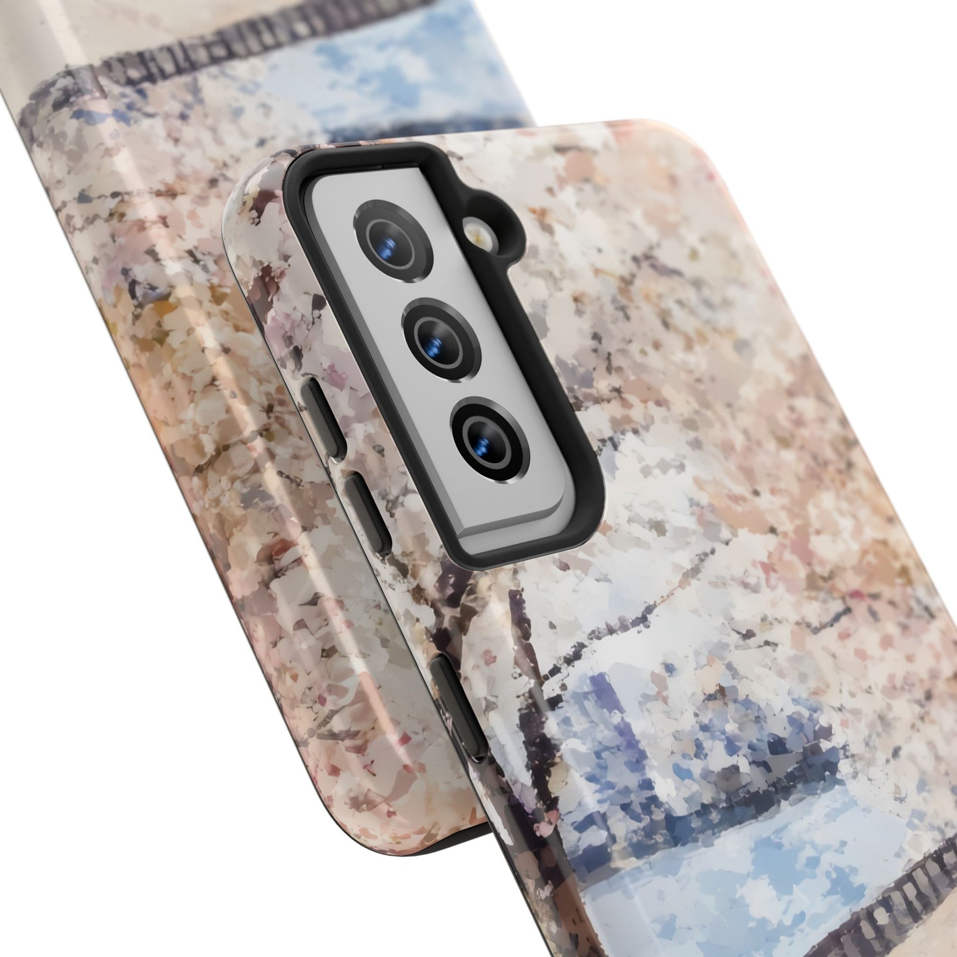 Phone case with abstract pastel watercolor design featuring trees and a tranquil landscape.