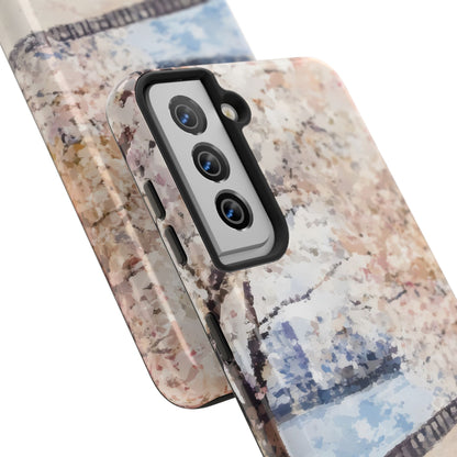 Phone case with abstract pastel watercolor design featuring trees and a tranquil landscape.