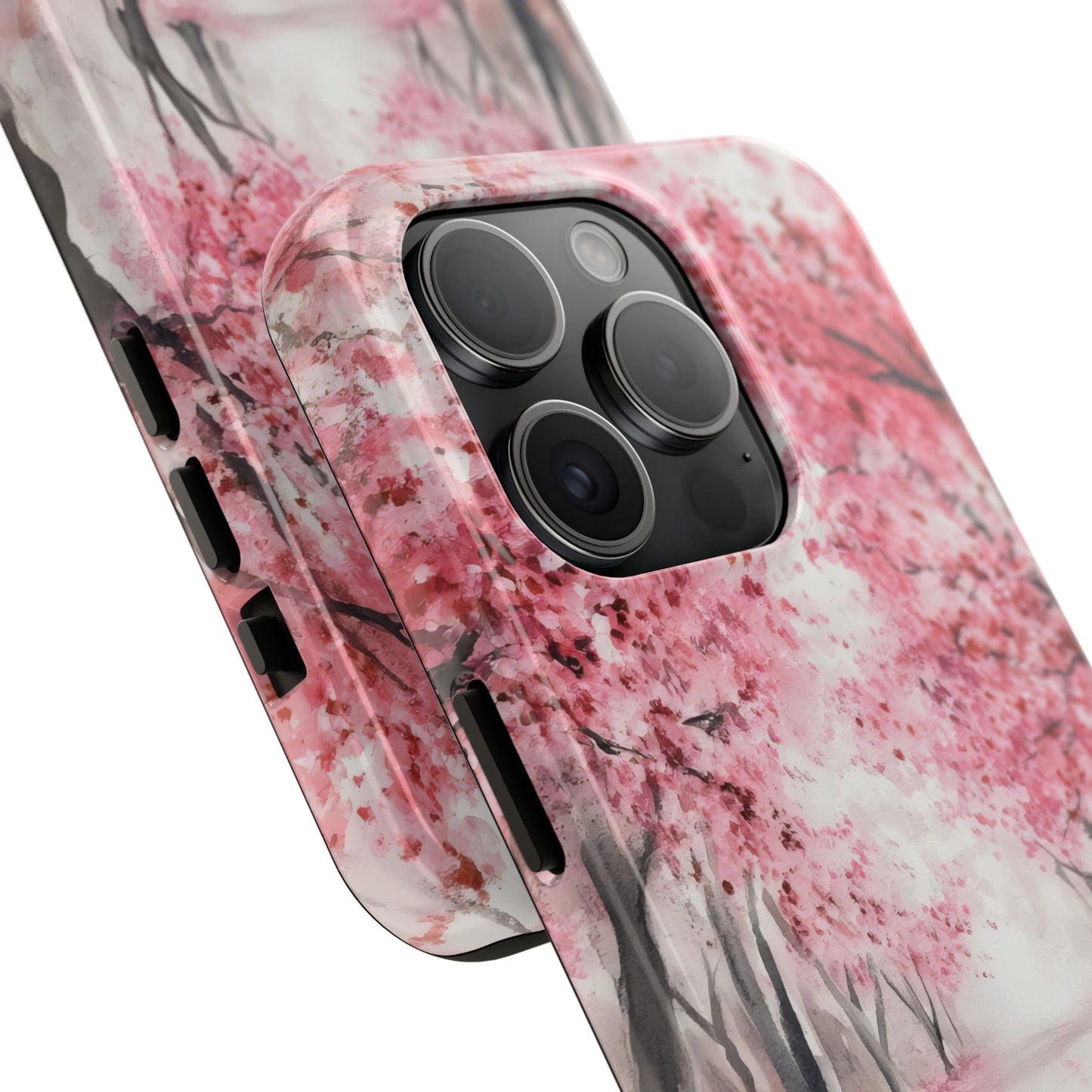 Close-up of phone case with pink cherry blossom tree art design