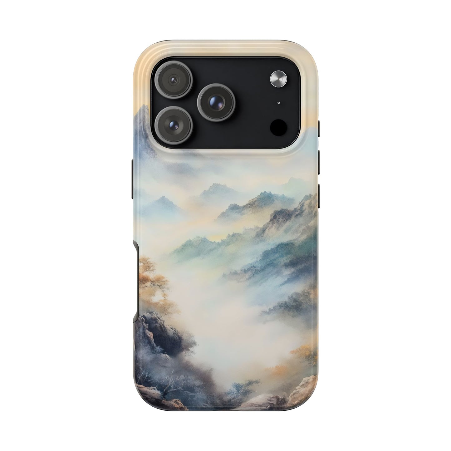 Phone case with serene watercolor mountain landscape and misty blue, green, and beige hues