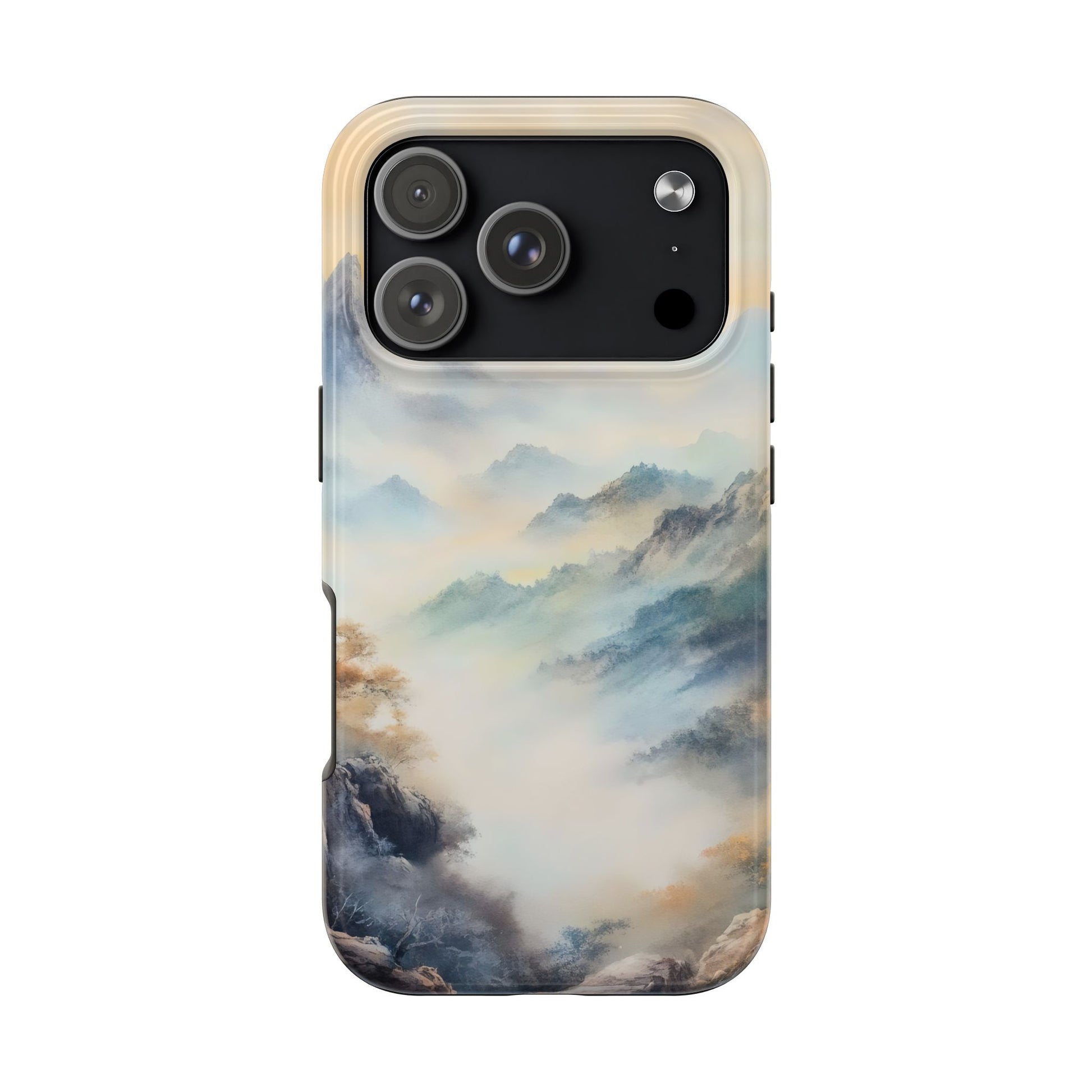 Phone case with serene watercolor mountain landscape and misty blue, green, and beige hues