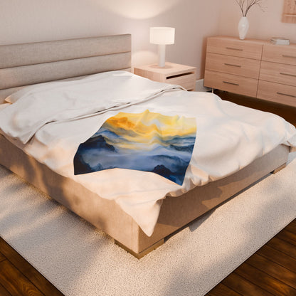 Cozy bedroom with a bed featuring a spiritual mountain landscape blanket, soft lighting, modern decor.