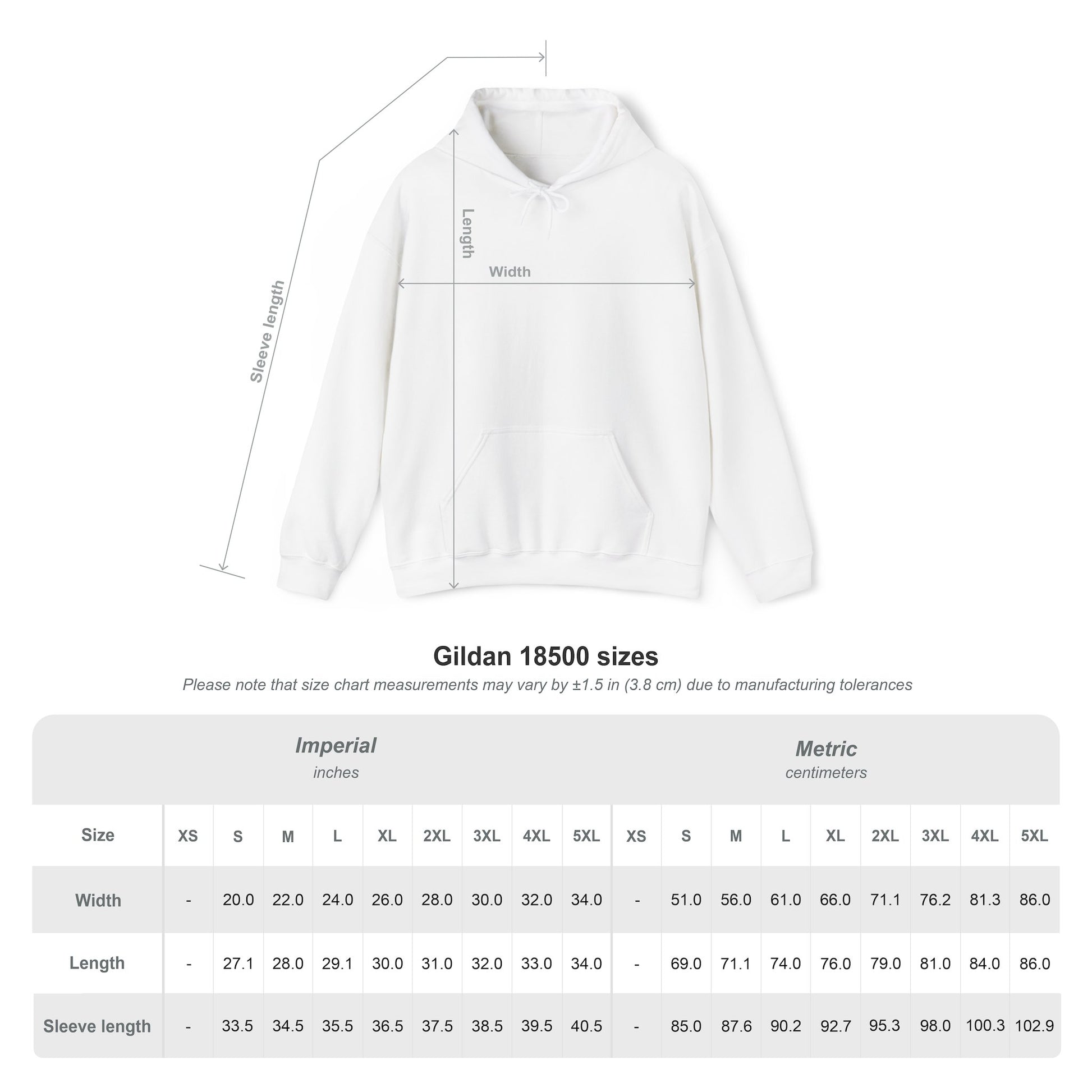White Gildan 18500 hoodie with sizing chart, width, length, and sleeve measurements in inches and centimeters.