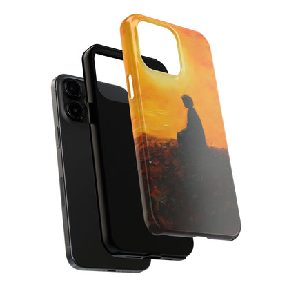 Phone case with silhouette of person meditating at sunset, spiritual art design