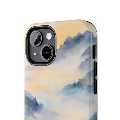 Phone case with blue and yellow watercolor misty mountains design
