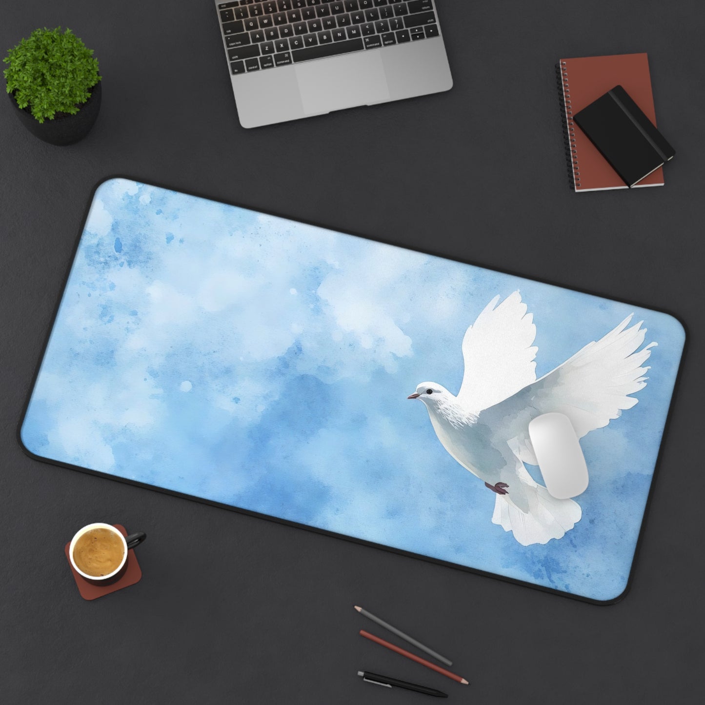 White Dove in Blue Sky Desk Mat | Peaceful Bird Mousepad