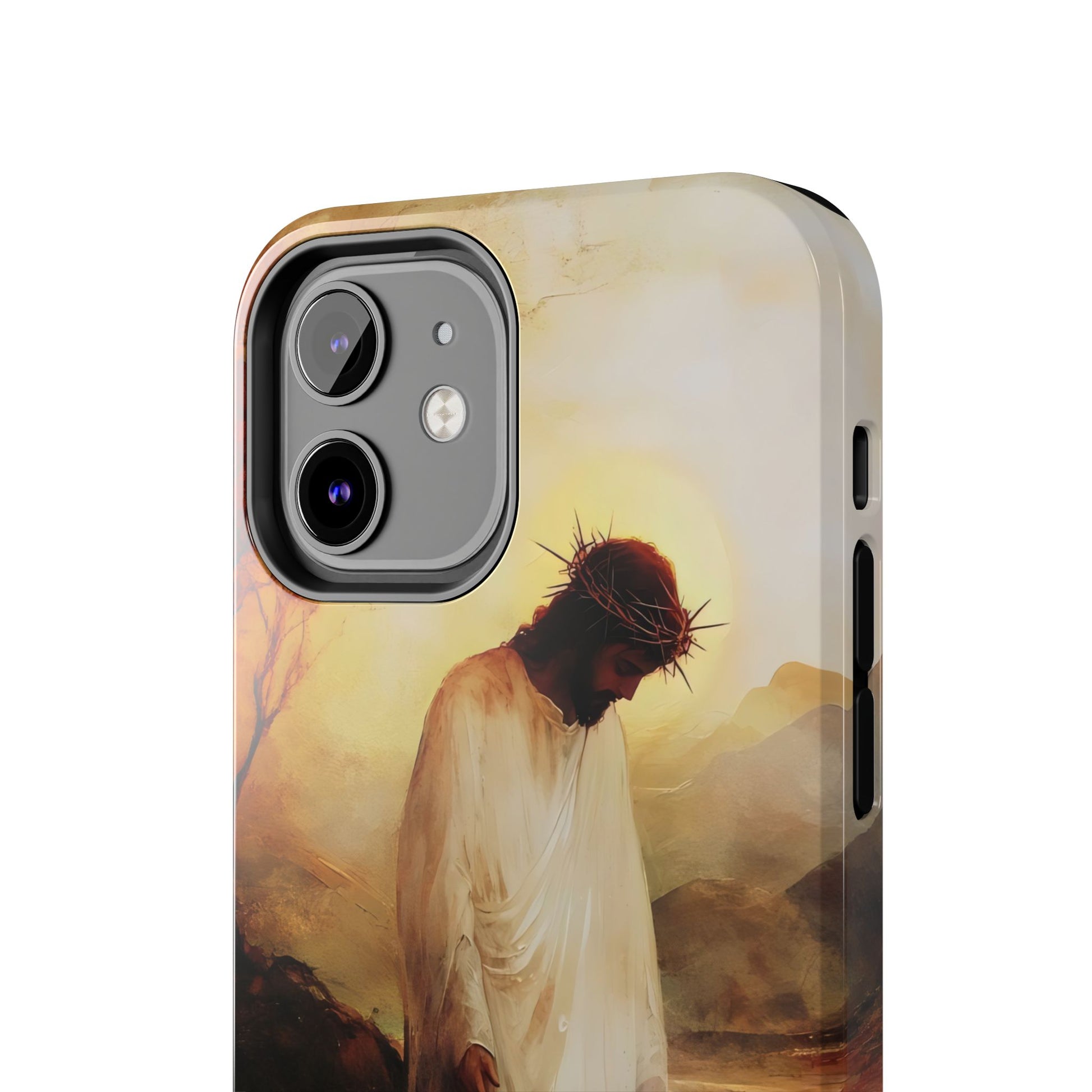 Christian phone case with Jesus wearing crown of thorns, sunrise background, spiritual art