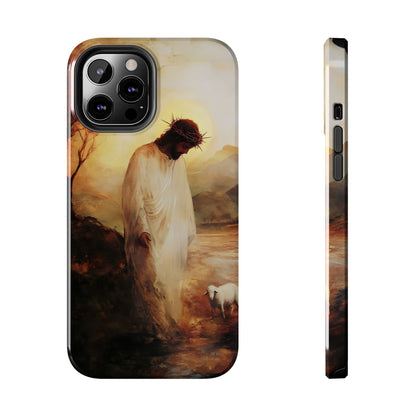 Christian phone case featuring Jesus in a white robe with a lamb in a serene landscape