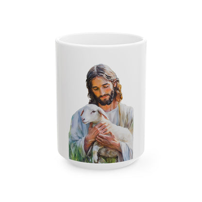 White ceramic mug featuring Jesus holding a lamb, Christian faith-inspired home decor