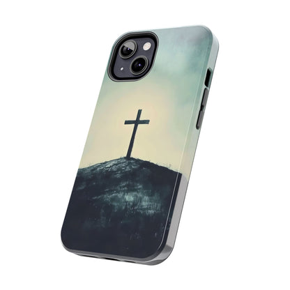 Christian phone case with cross on hill, spiritual minimalist design