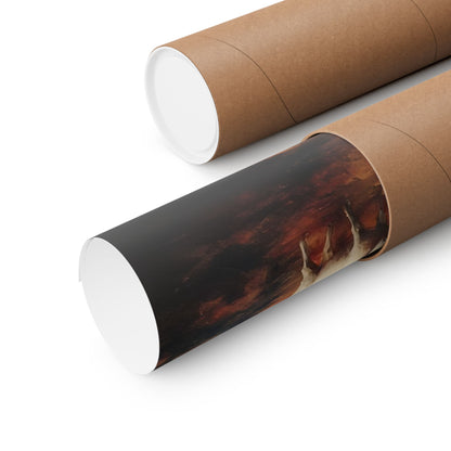 Brown kraft tube containing rolled Christian wall art print with dark spiritual painting