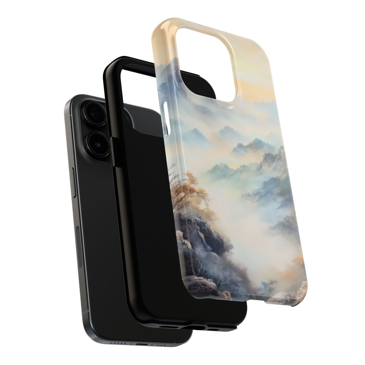 Phone case with serene misty mountain landscape design, spiritual and mindful aesthetic
