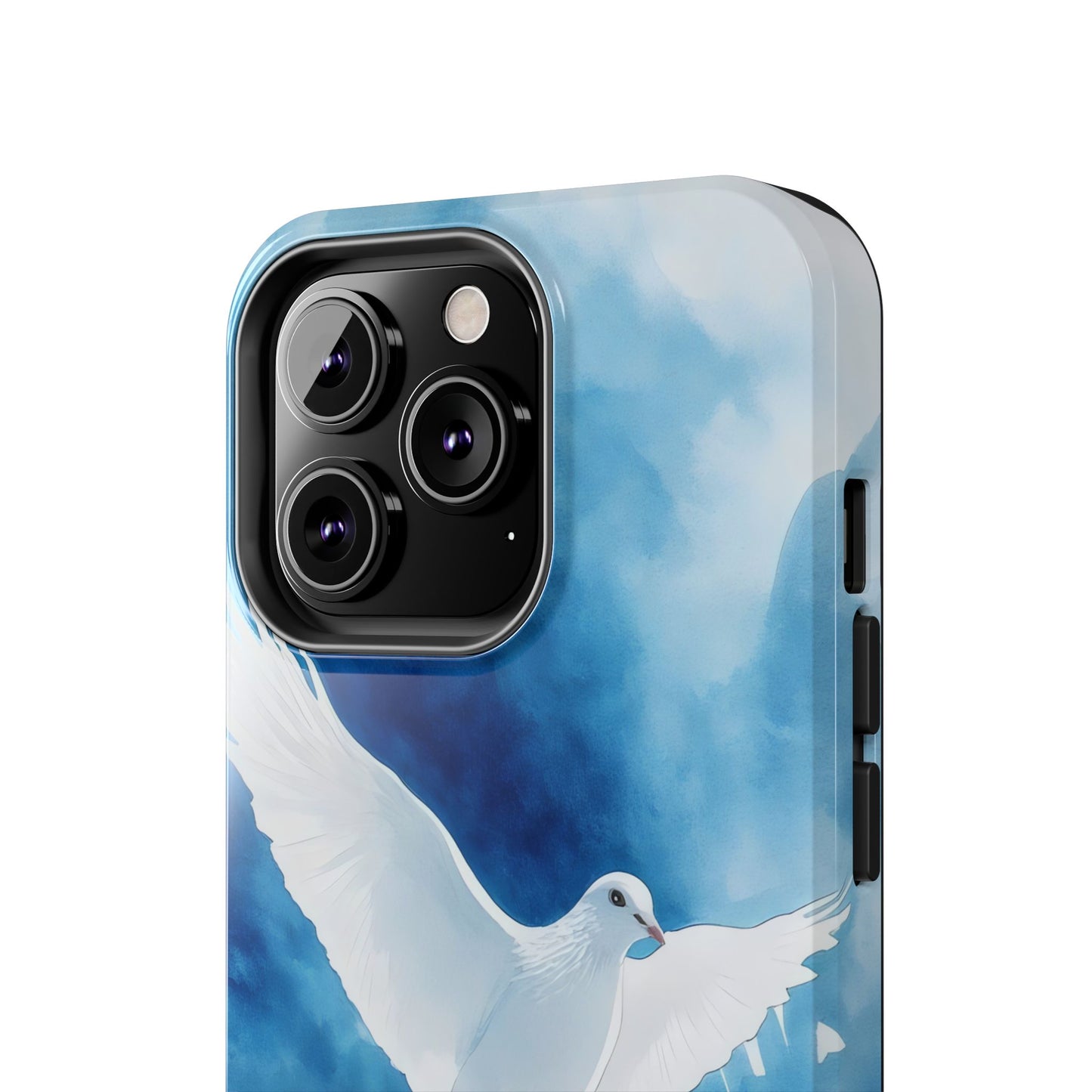 Phone case with white dove illustration on blue watercolor background, spiritual design