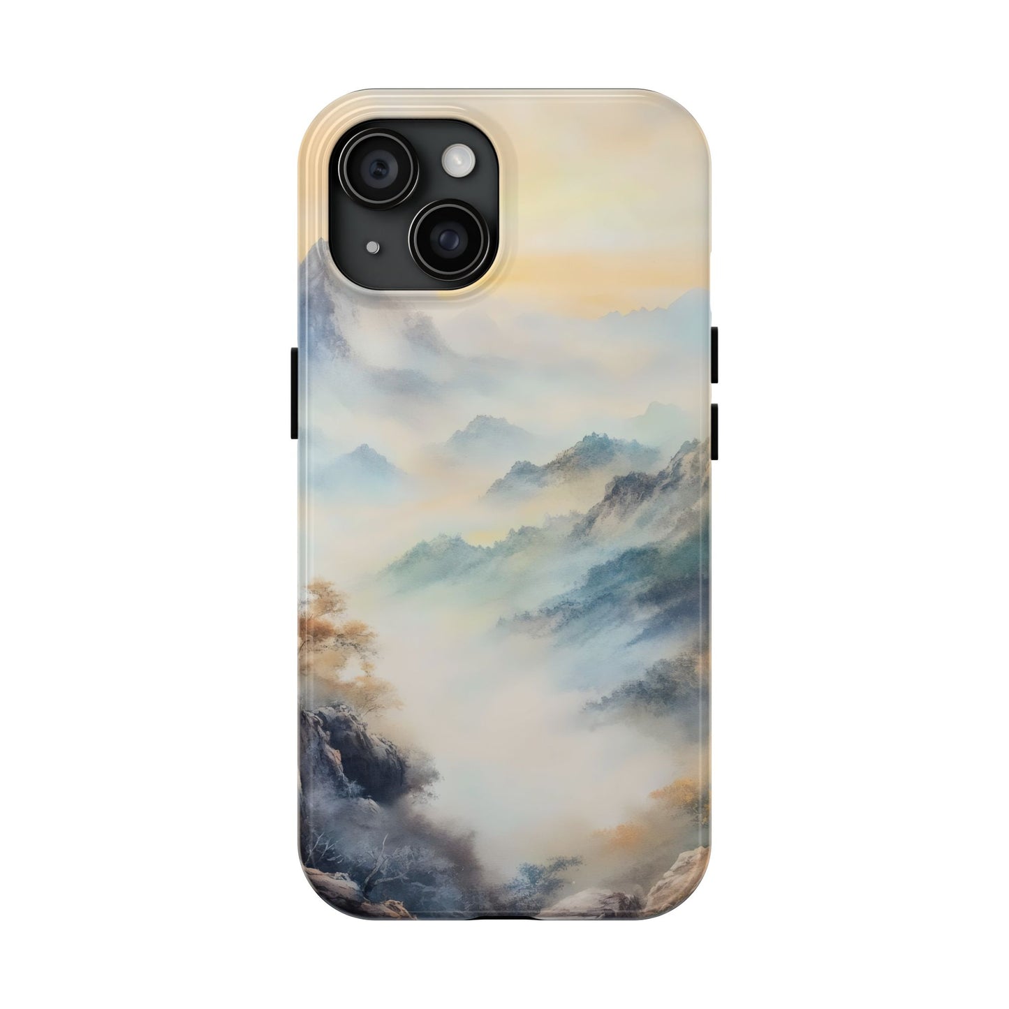 Phone case with serene mountain landscape and soft pastel mist, spiritual nature art