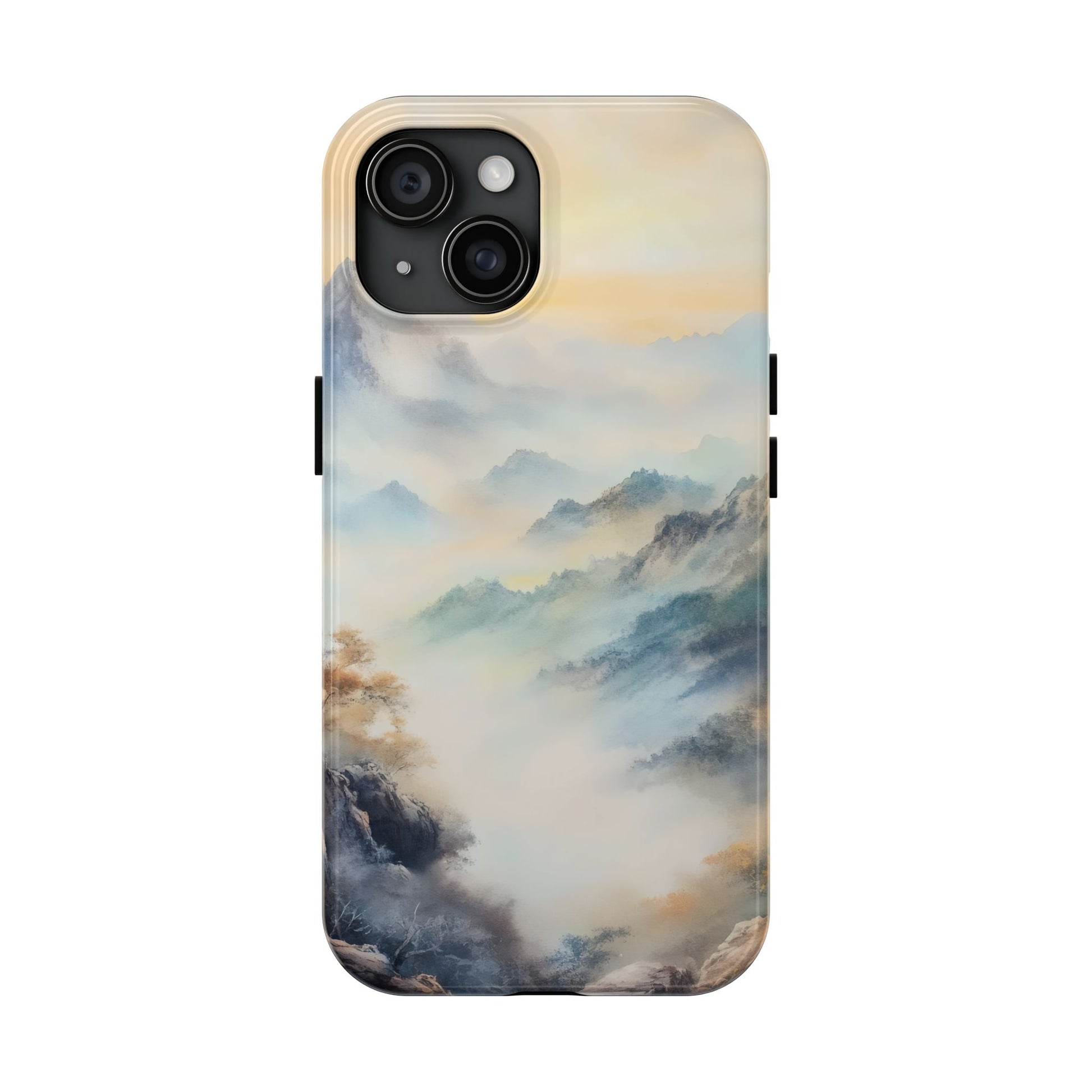 Phone case with serene mountain landscape and soft pastel mist, spiritual nature art