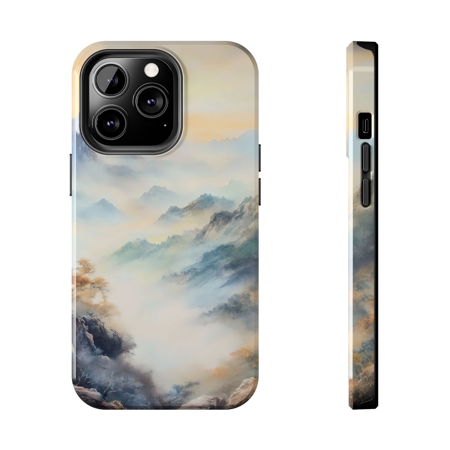 Phone case with serene misty mountain landscape and soft pastel colors