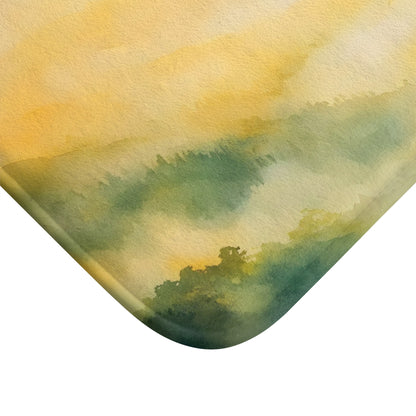 serene watercolor landscape with green hills and yellow sky, Christian wall art decor