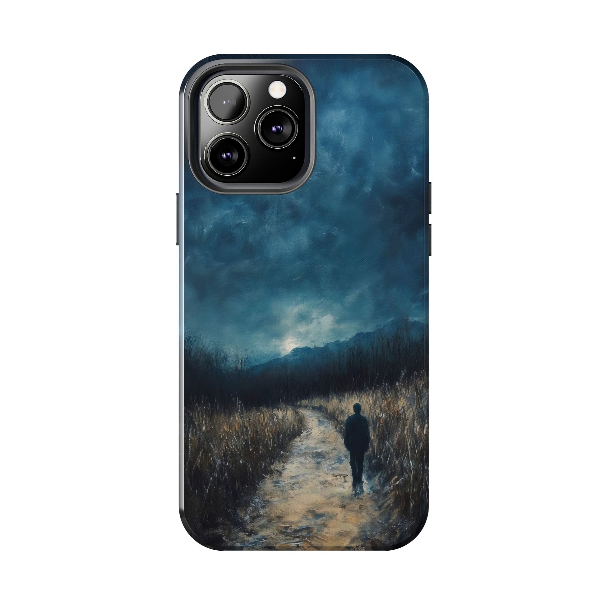 Christian phone case with silhouette walking on a contemplative path beneath stormy sky