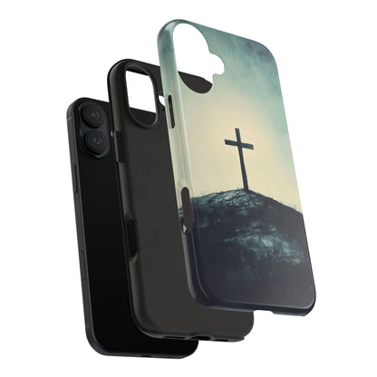 Christian phone case with cross on hill, faith-inspired minimalist design