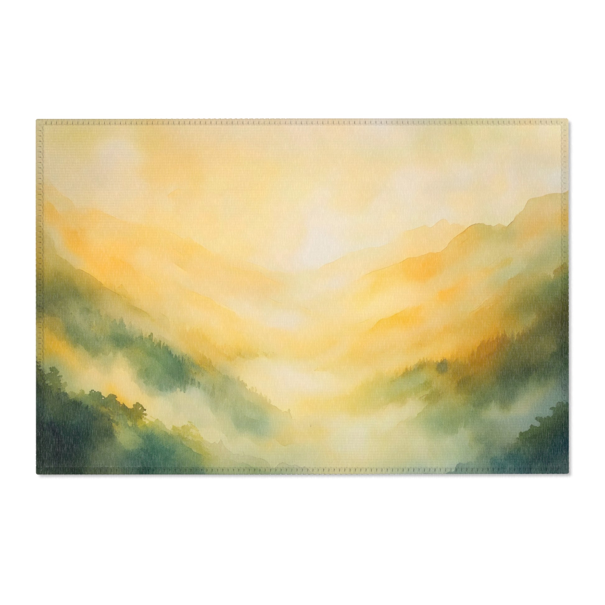 Abstract watercolor wall art of misty mountains with warm golden and green hues