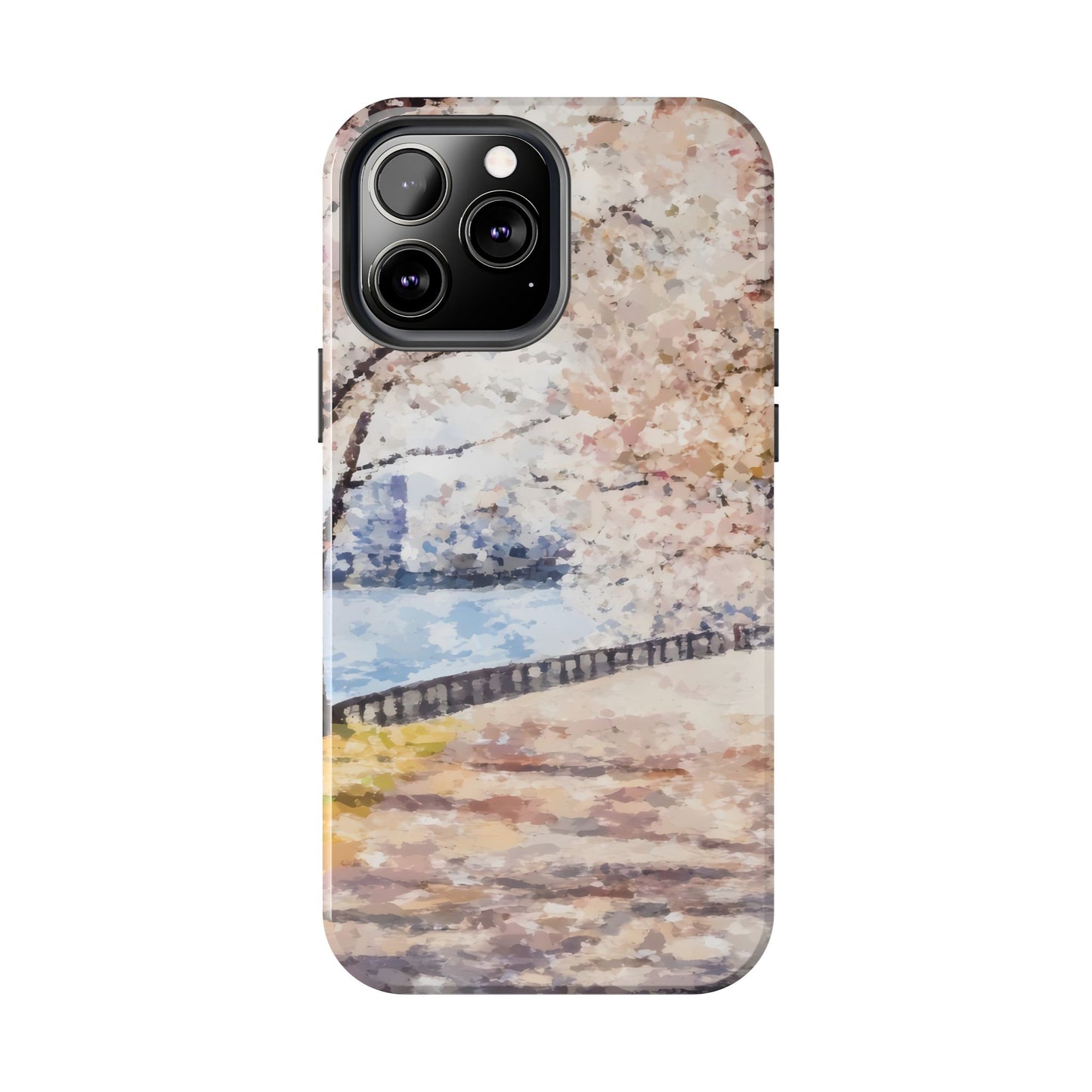 Phone case with serene watercolor painting of cherry blossom trees by a riverside path