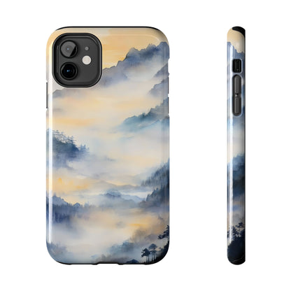 iPhone case with serene watercolor mountain landscape and misty pine trees