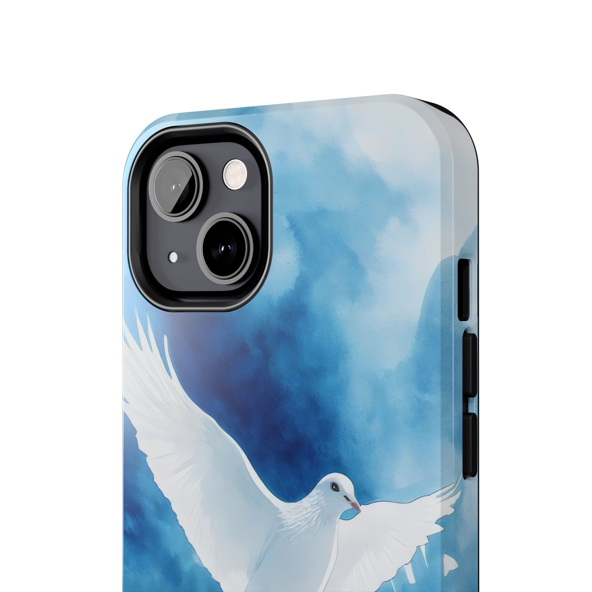 Christian phone case with white dove illustration on a blue watercolor background