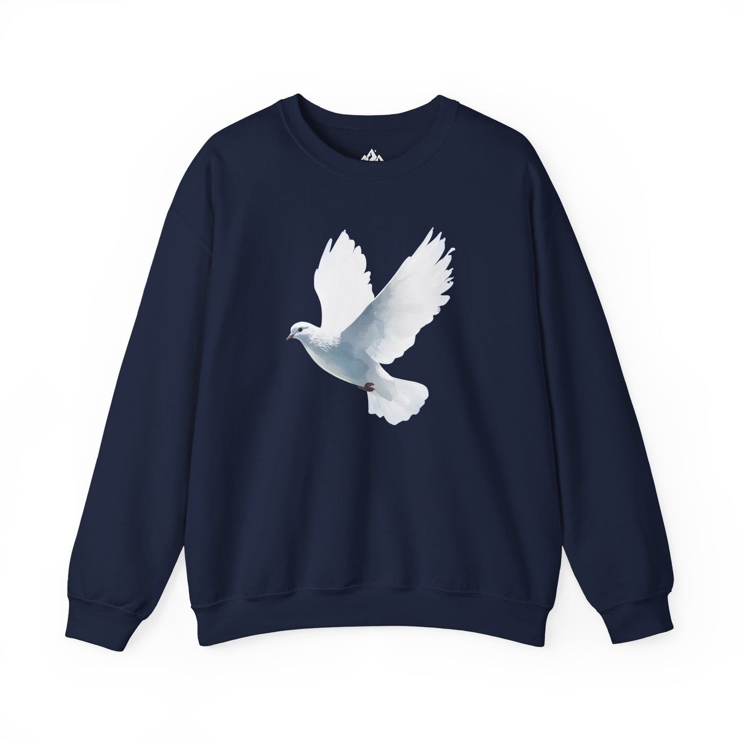 Navy blue sweatshirt with a white dove graphic, Christian faith-inspired apparel