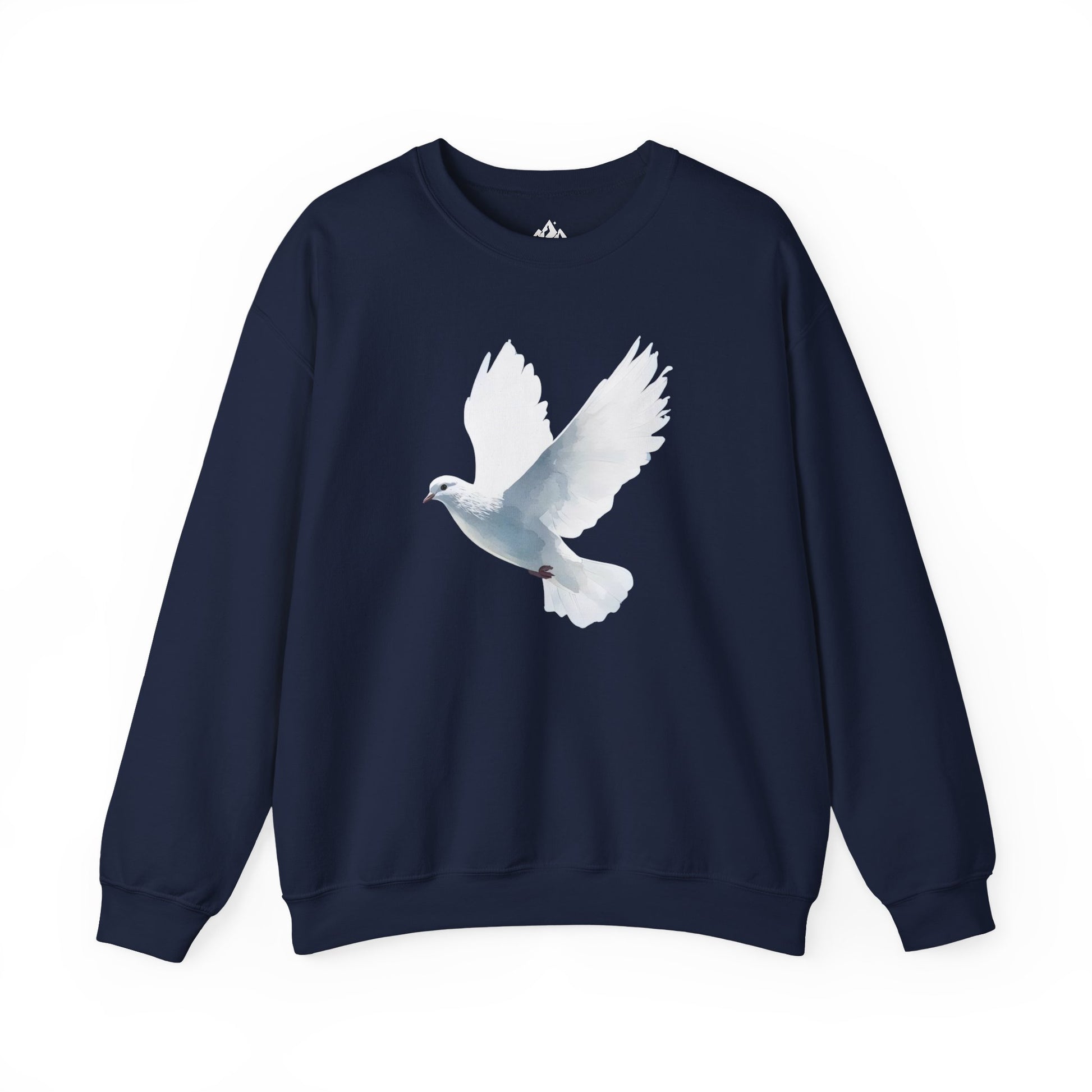 Navy blue sweatshirt with a white dove graphic, Christian faith-inspired apparel