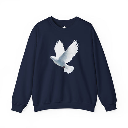 Navy blue sweatshirt with a white dove graphic, Christian faith-inspired apparel