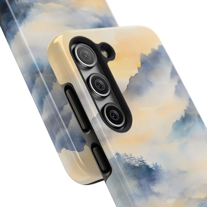 Christian phone case with serene watercolor mountain landscape in blue and yellow tones