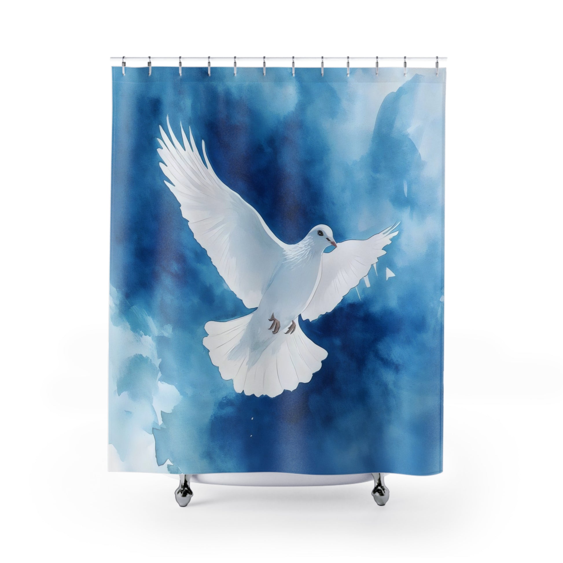 White dove illustration on blue abstract shower curtain, faith-inspired home decor