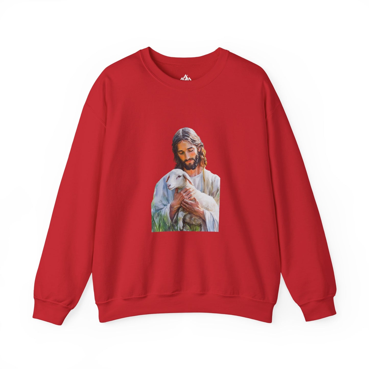 Red Christian sweatshirt with Jesus holding a lamb graphic, faith-inspired apparel