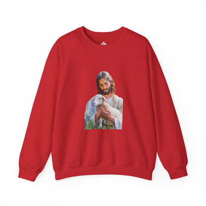Red Christian sweatshirt with Jesus holding a lamb graphic, faith-inspired apparel