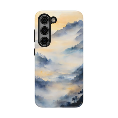 Phone case with peaceful watercolor mountain landscape and misty sunrise clouds